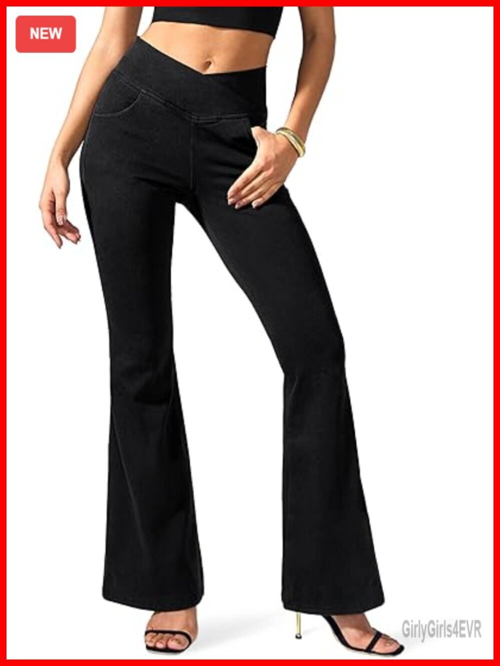 Womens Crossover High Waisted Bell Bottom Flare Jeans with Pockets Stretchy